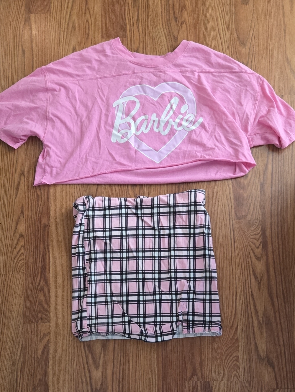 Barbie Pink Heart Logo Crop Tee with Plaid Pink Skirt Set